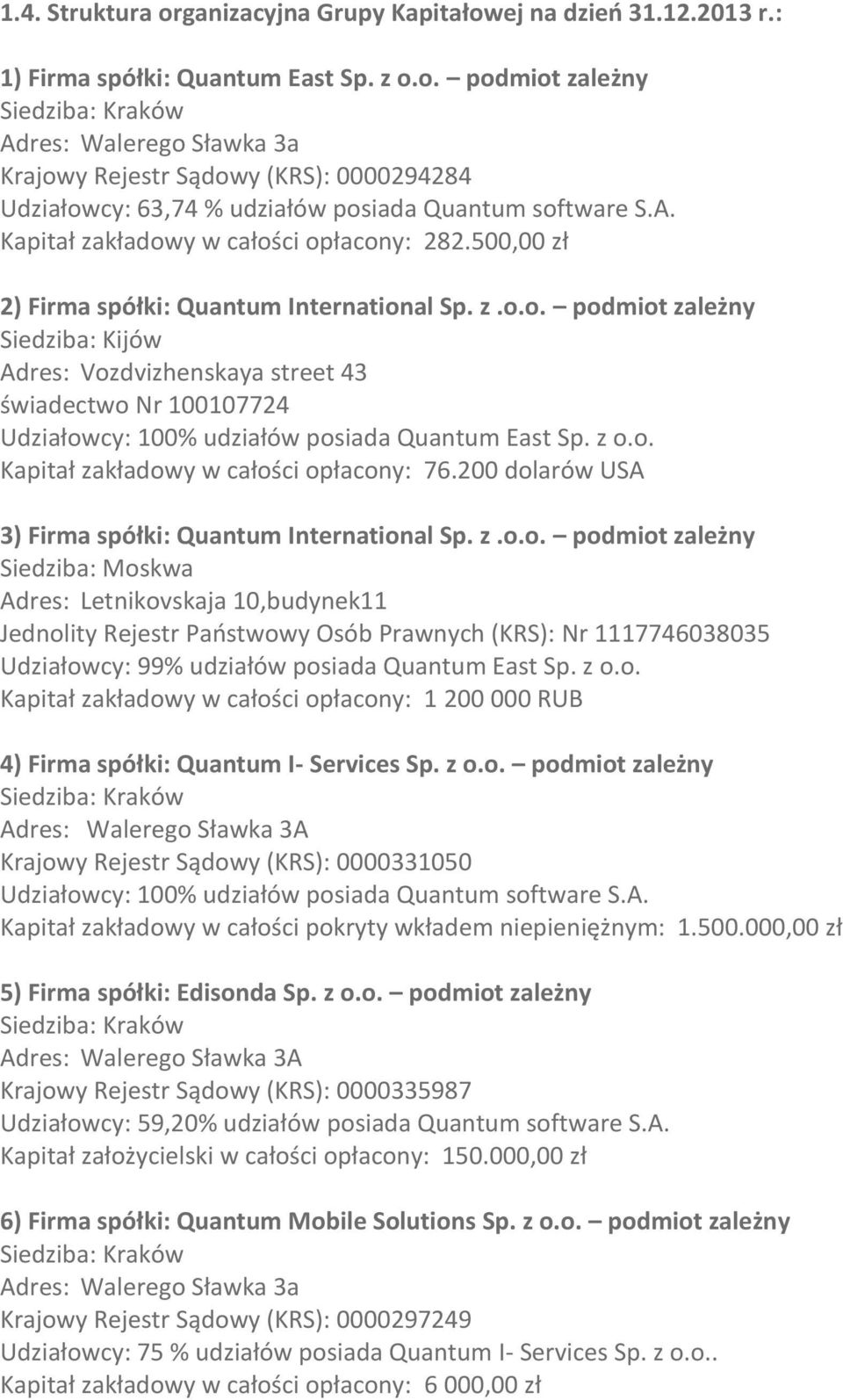 z o.o. Kapitał zakładowy w całości opłacony: 76.200 dolarów USA 3) Firma spółki: Quantum International Sp. z.o.o. podmiot zależny Siedziba: Moskwa Adres: Letnikovskaja 10,budynek11 Jednolity Rejestr Państwowy Osób Prawnych (KRS): Nr 1117746038035 Udziałowcy: 99% udziałów posiada Quantum East Sp.