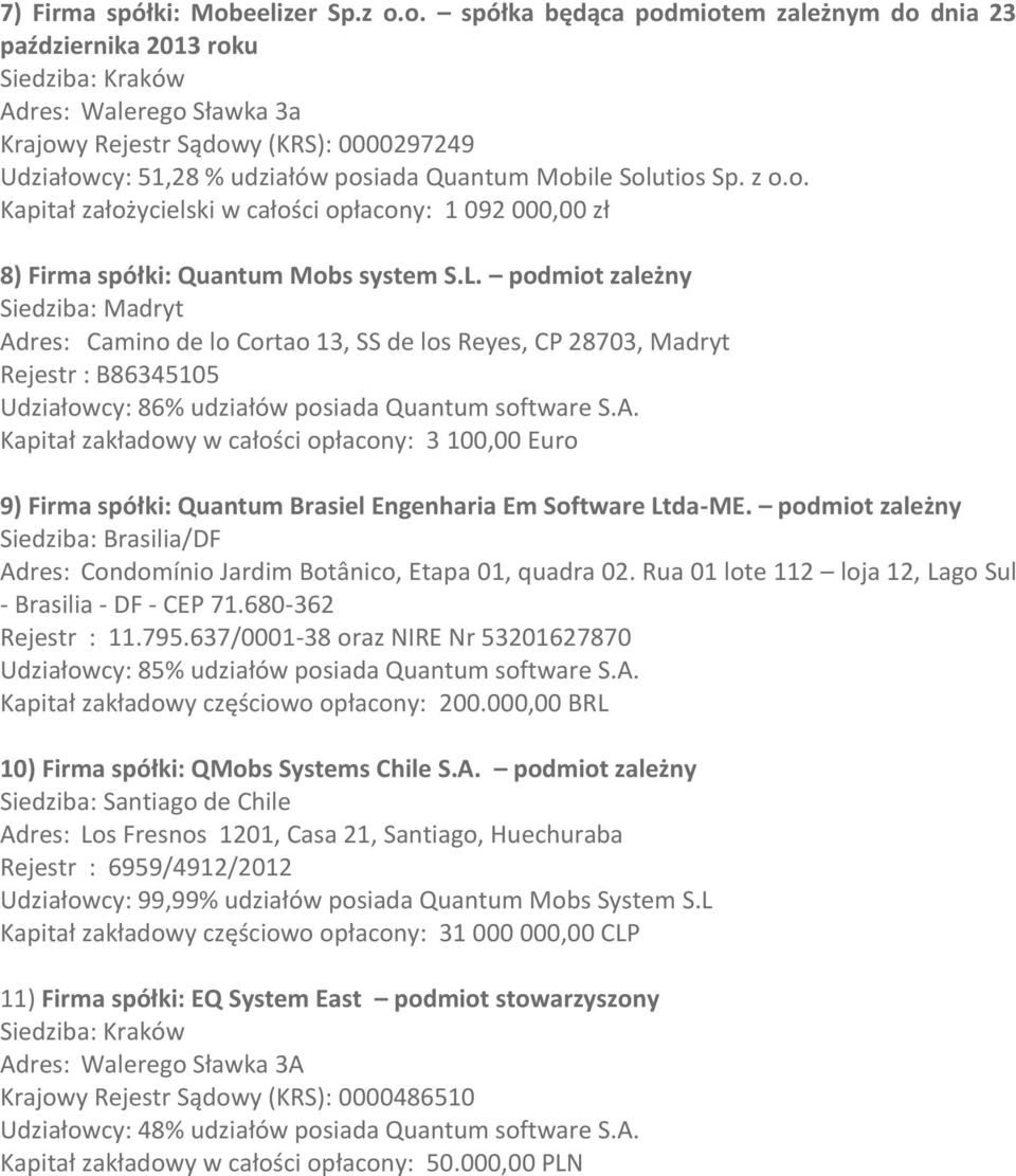 o. spółka będąca podmiotem zależnym do dnia 23 października 2013 roku Siedziba: Kraków Adres: Walerego Sławka 3a Krajowy Rejestr Sądowy (KRS): 0000297249 Udziałowcy: 51,28 % udziałów posiada Quantum