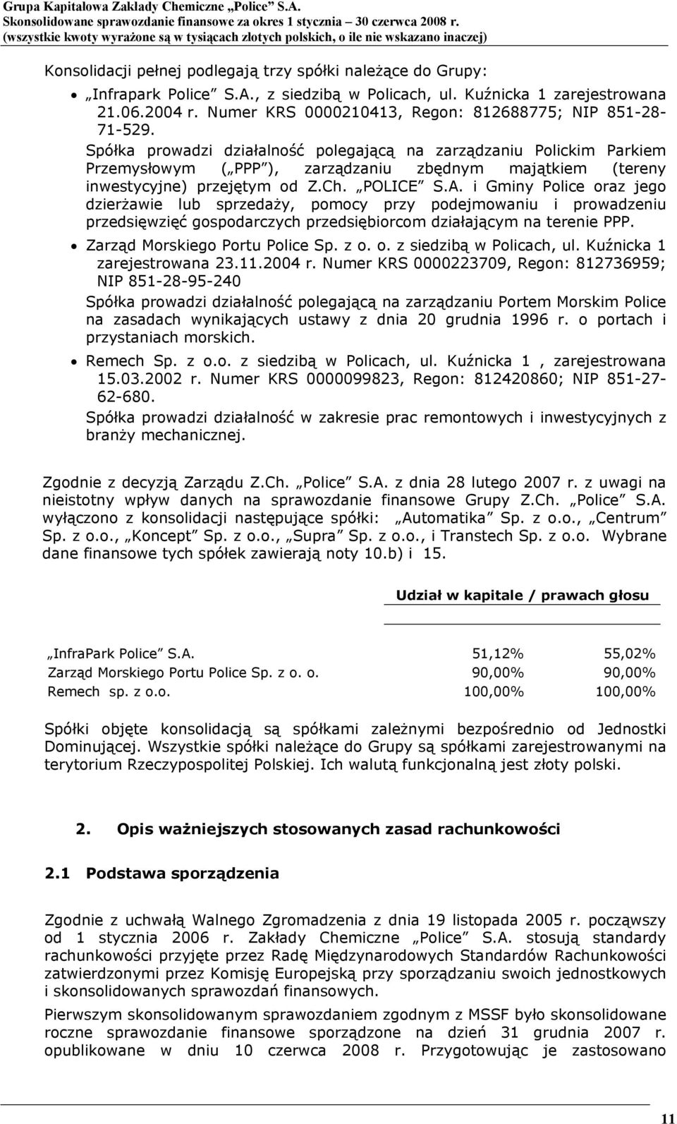 Spółka prowadzi działalność polegającą na zarządzaniu Polickim Parkiem Przemysłowym ( PPP ), zarządzaniu zbędnym majątkiem (tereny inwestycyjne) przejętym od Z.Ch. POLICE S.A.