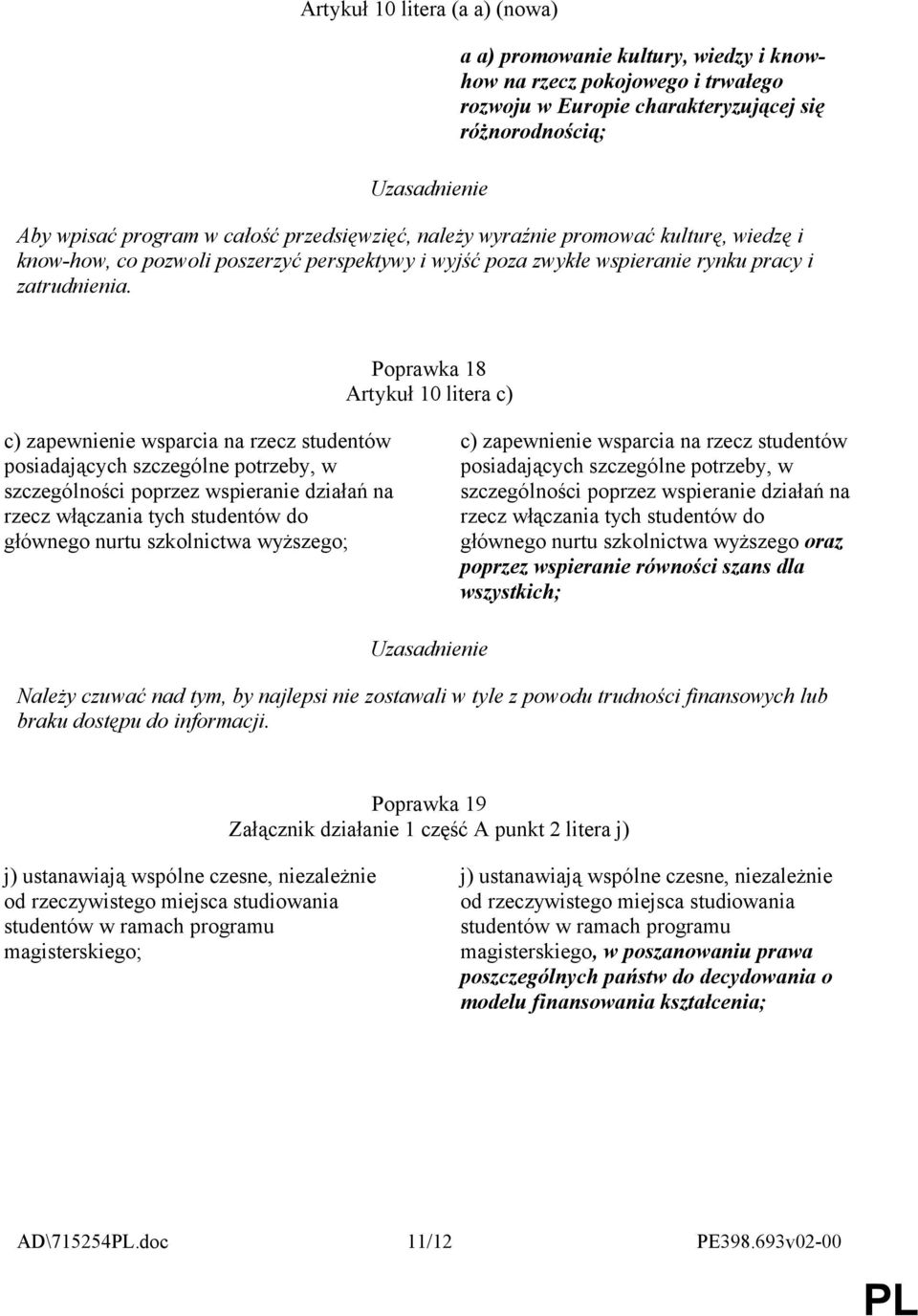 Poprawka 18 Artykuł 10 litera c) c) zapewnienie wsparcia na rzecz studentów posiadających szczególne potrzeby, w szczególności poprzez wspieranie działań na rzecz włączania tych studentów do głównego