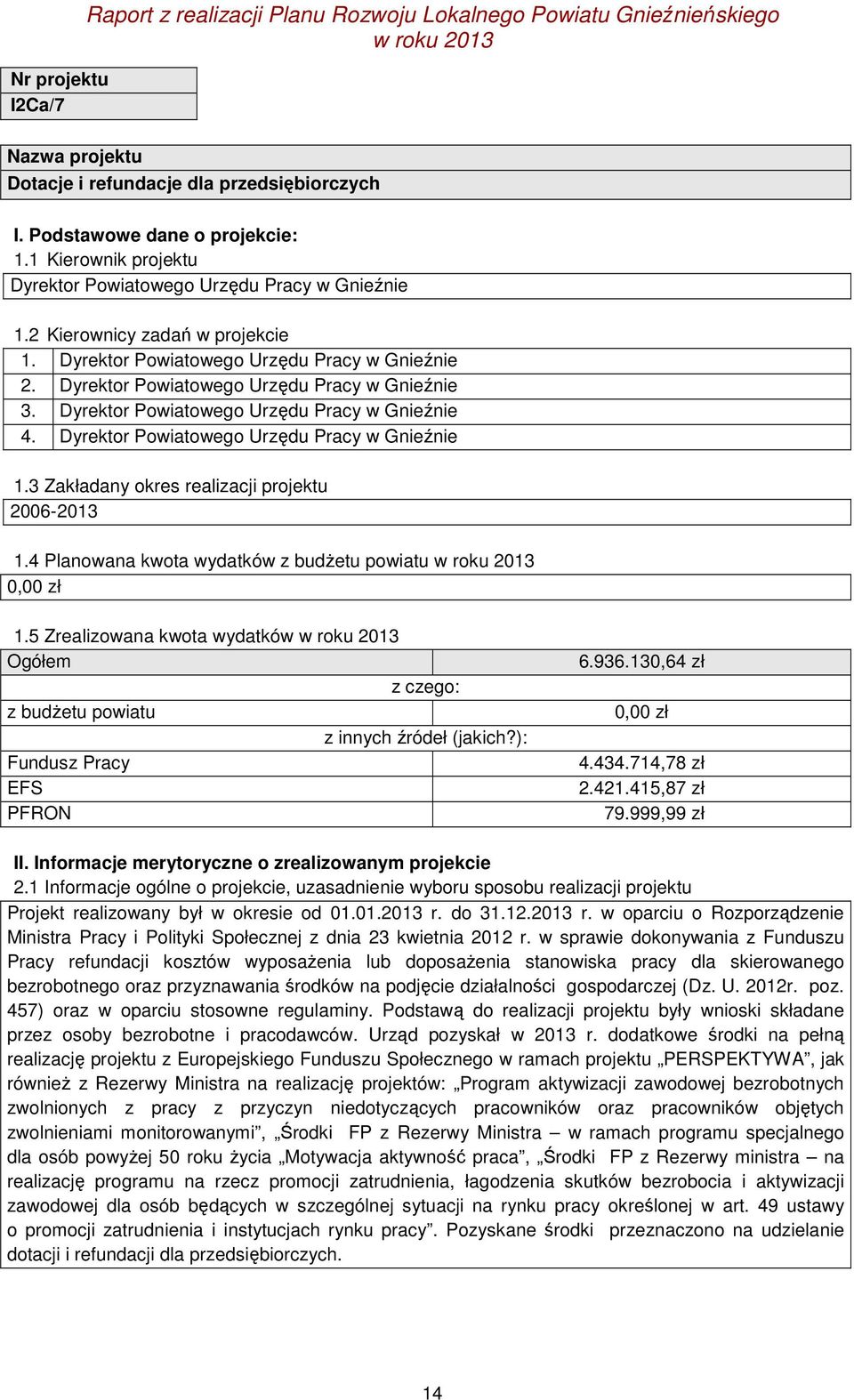 Dyrektor Powiatowego Urzędu Pracy w Gnieźnie 4. Dyrektor Powiatowego Urzędu Pracy w Gnieźnie 1.3 Zakładany okres realizacji projektu 2006-2013 1.4 Planowana kwota wydatków z budżetu powiatu 0,00 zł 1.