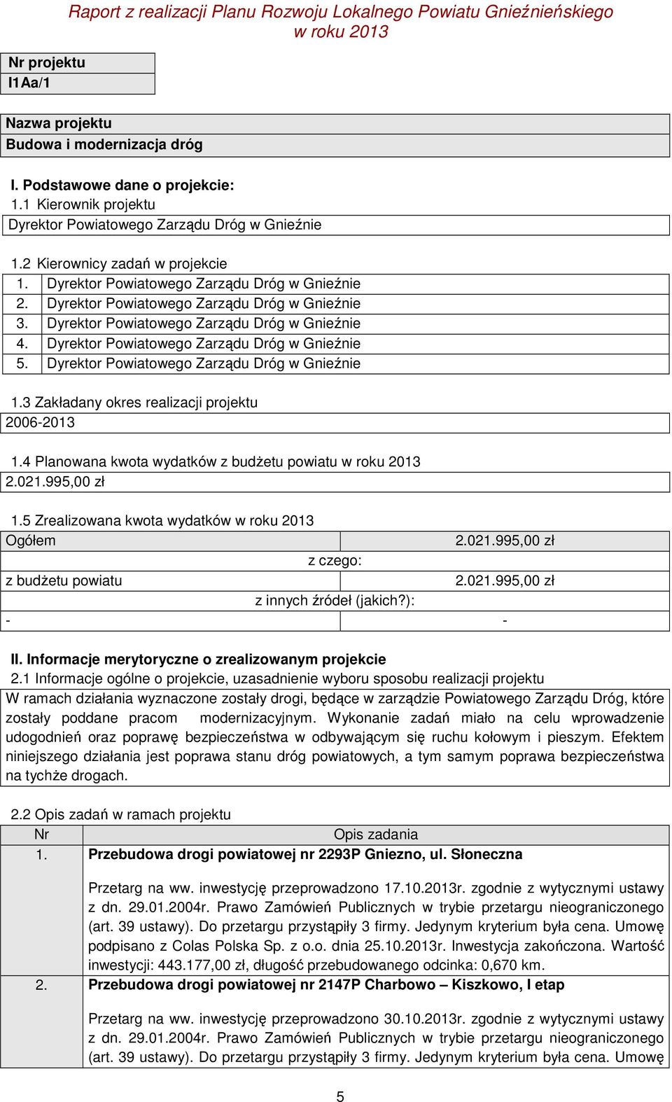 Dyrektor Powiatowego Zarządu Dróg w Gnieźnie 4. Dyrektor Powiatowego Zarządu Dróg w Gnieźnie 5. Dyrektor Powiatowego Zarządu Dróg w Gnieźnie 1.3 Zakładany okres realizacji projektu 2006-2013 1.