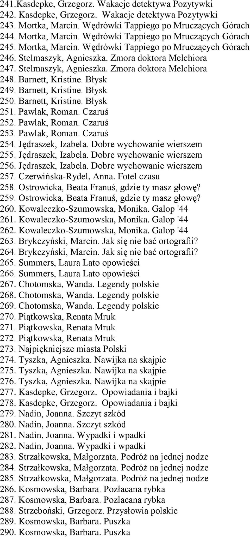 Barnett, Kristine. Błysk 250. Barnett, Kristine. Błysk 251. Pawlak, Roman. Czaruś 252. Pawlak, Roman. Czaruś 253. Pawlak, Roman. Czaruś 254. Jędraszek, Izabela. Dobre wychowanie wierszem 255.