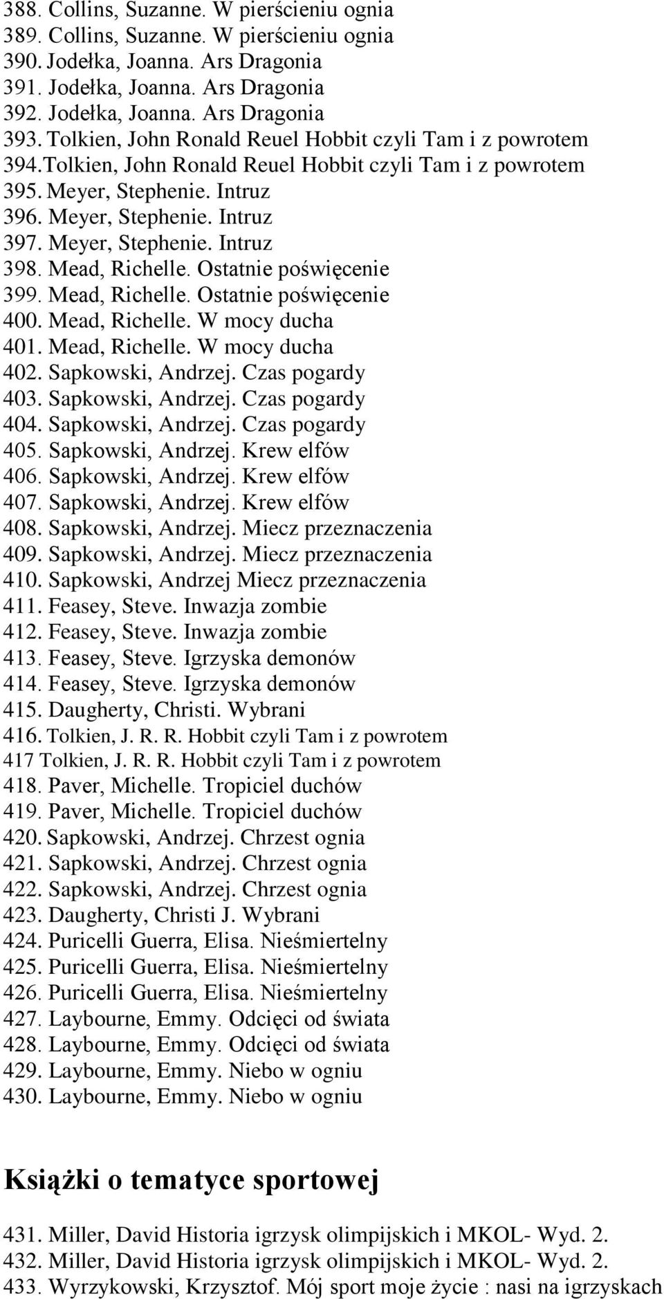 Mead, Richelle. Ostatnie poświęcenie 399. Mead, Richelle. Ostatnie poświęcenie 400. Mead, Richelle. W mocy ducha 401. Mead, Richelle. W mocy ducha 402. Sapkowski, Andrzej. Czas pogardy 403.