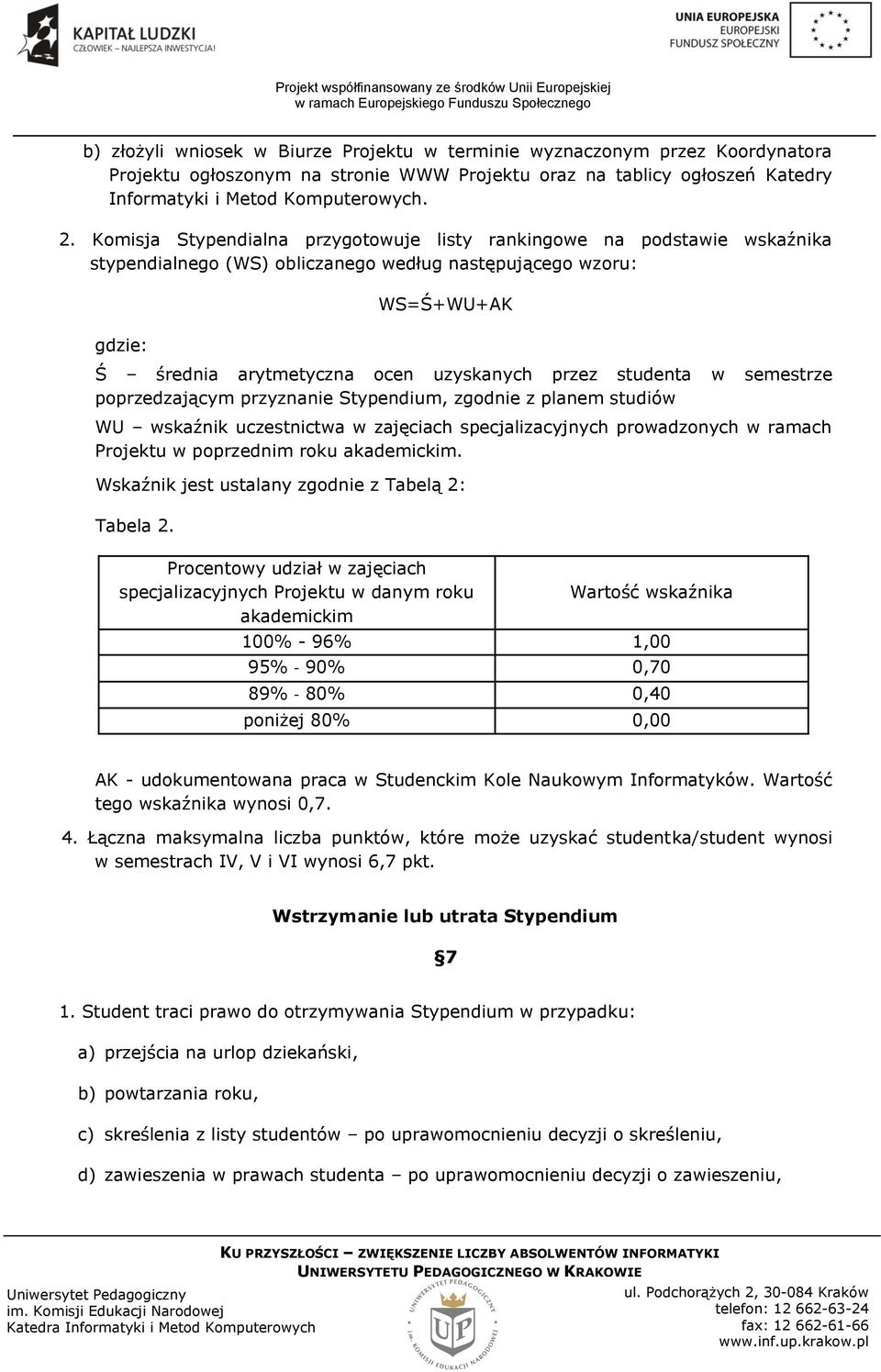 studenta w semestrze poprzedzającym przyznanie Stypendium, zgodnie z planem studiów WU wskaźnik uczestnictwa w zajęciach specjalizacyjnych prowadzonych w ramach Projektu w poprzednim roku akademickim.