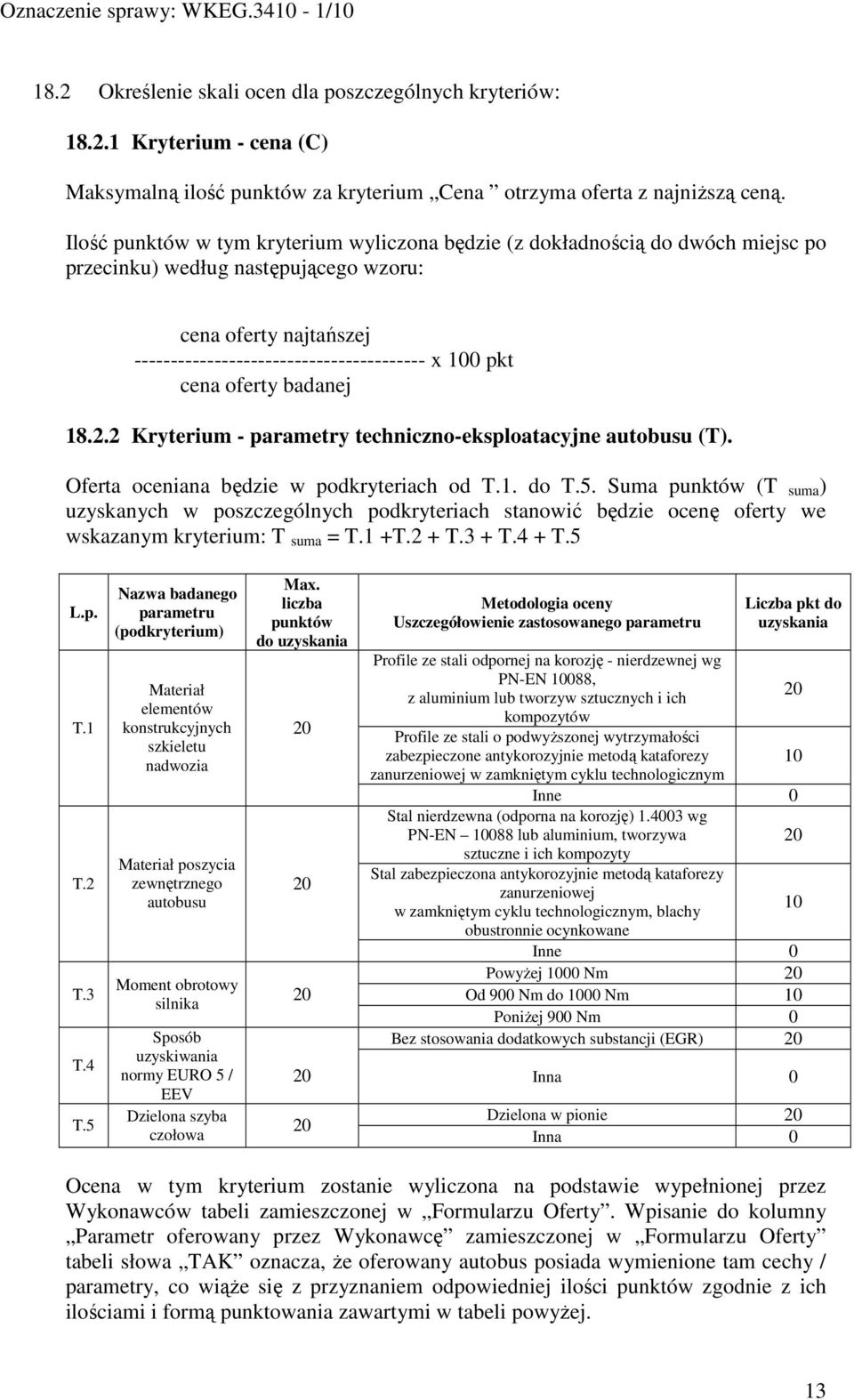 oferty badanej 18.2.2 Kryterium - parametry techniczno-eksploatacyjne autobusu (T). Oferta oceniana będzie w podkryteriach od T.1. do T.5.