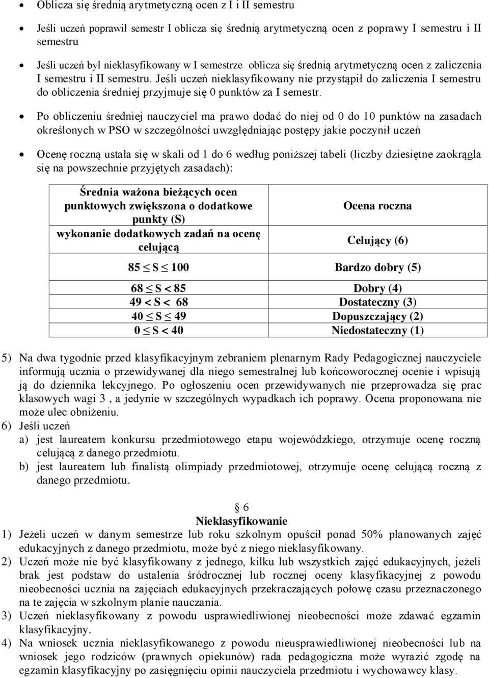 Jeśli uczeń nieklasyfikowany nie przystąpił do zaliczenia I semestru do obliczenia średniej przyjmuje się 0 punktów za I semestr.