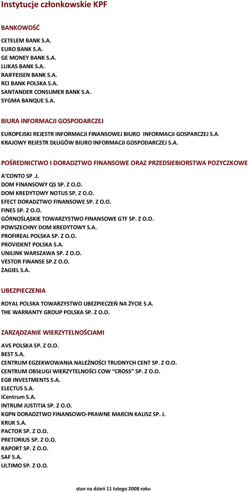 Z O.O. FINES SP. Z O.O. GÓRNOŚLĄSKIE TOWARZYSTWO FINANSOWE GTF SP. Z O.O. POWSZECHNY DOM KREDYTOWY S.A. PROFIREAL POLSKA SP. Z O.O. PROVIDENT POLSKA S.A. UNILINK WARSZAWA SP. Z O.O. VESTOR FINANSE SP.