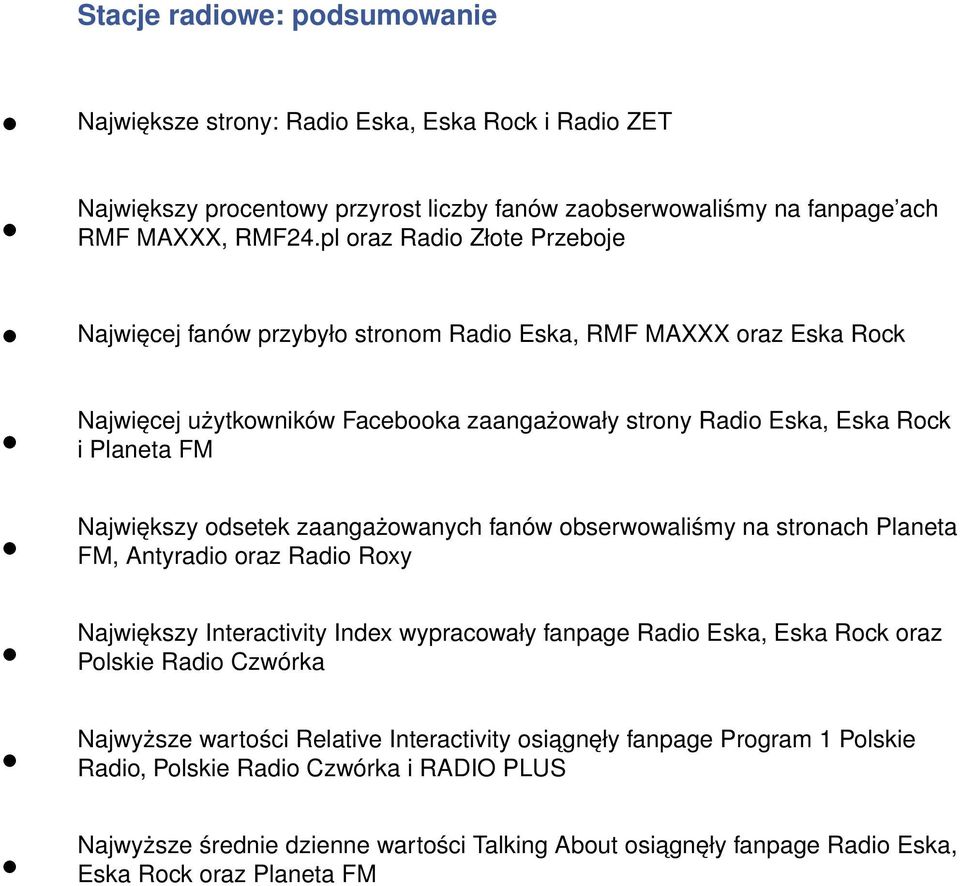 odsetek zaangażowanych fanów obserwowaliśmy na stronach Planeta FM, Antyradio oraz Radio Roxy Największy Interactivity Index wypracowały fanpage Radio Eska, Eska Rock oraz Polskie Radio Czwórka