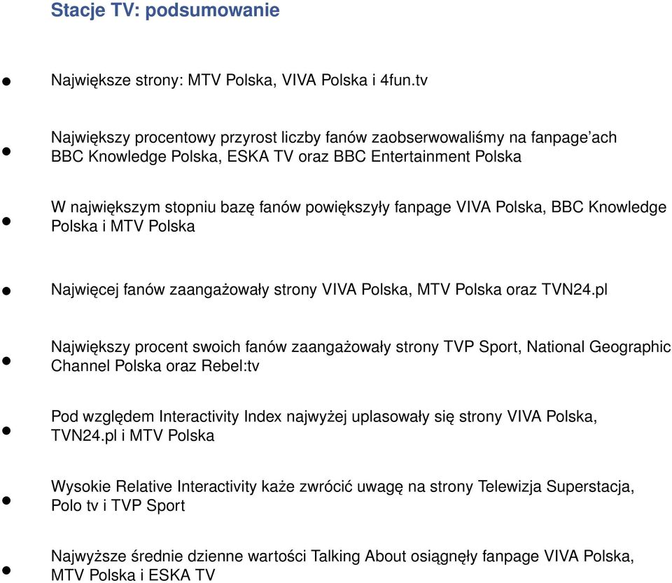 Polska, BBC Knowledge Polska i MTV Polska Najwięcej fanów zaangażowały strony VIVA Polska, MTV Polska oraz TVN24.