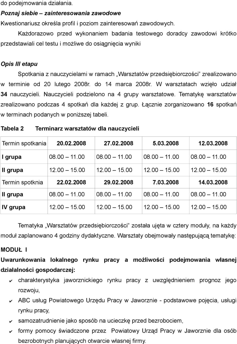 przedsiębiorczości zrealizowano w terminie od 20 lutego 2008r. do 14 marca 2008r. W warsztatach wzięło udział 34 nauczycieli. Nauczycieli podzielono na 4 grupy warsztatowe.