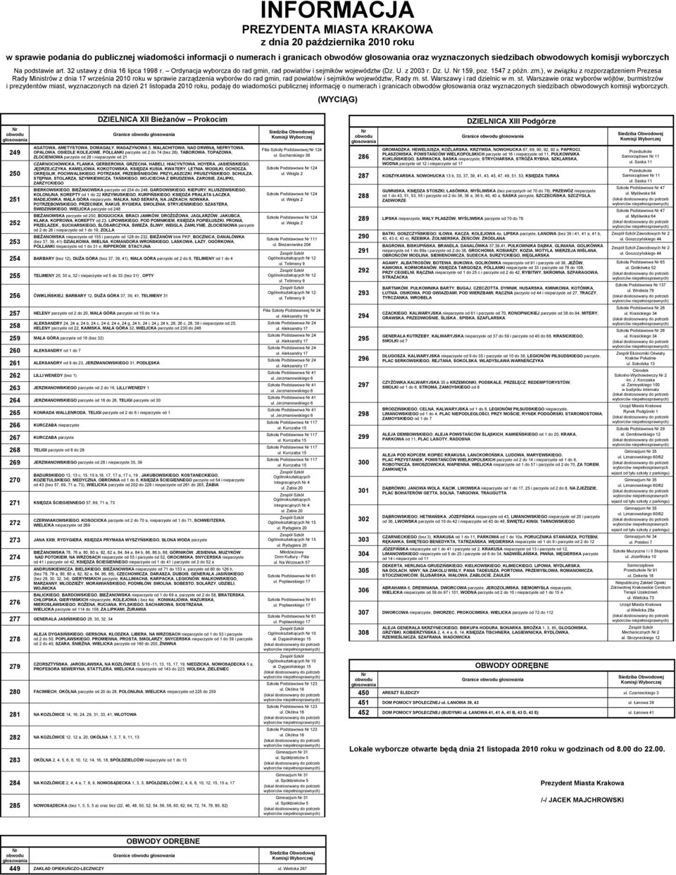 ), w związku z rozporządzeniem Prezesa i prezydentów miast, wyznaczonych na dzień 21 listopada 2010 roku, podaję do wiadomości publicznej informację o numerach i granicach obwodów oraz wyznaczonych