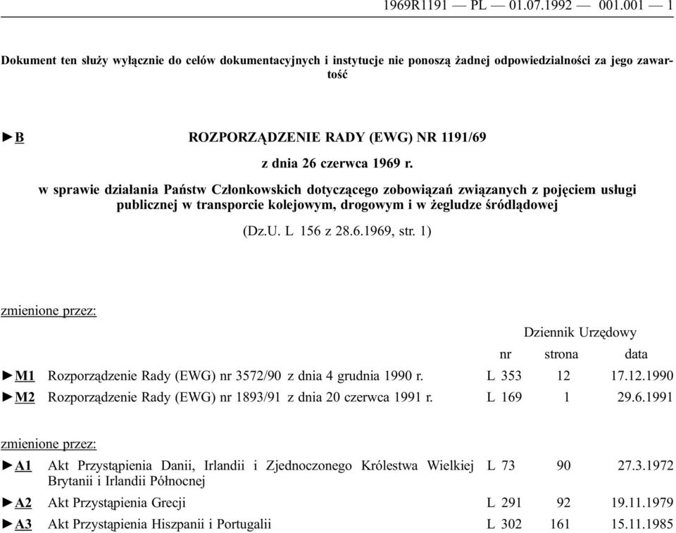 w sprawie działania Państw Członkowskich dotyczącego zobowiązań związanych z pojęciem usługi publicznej w transporcie kolejowym, drogowym i w żegludze śródlądowej (Dz.U. L 156 z 28.6.1969, str.