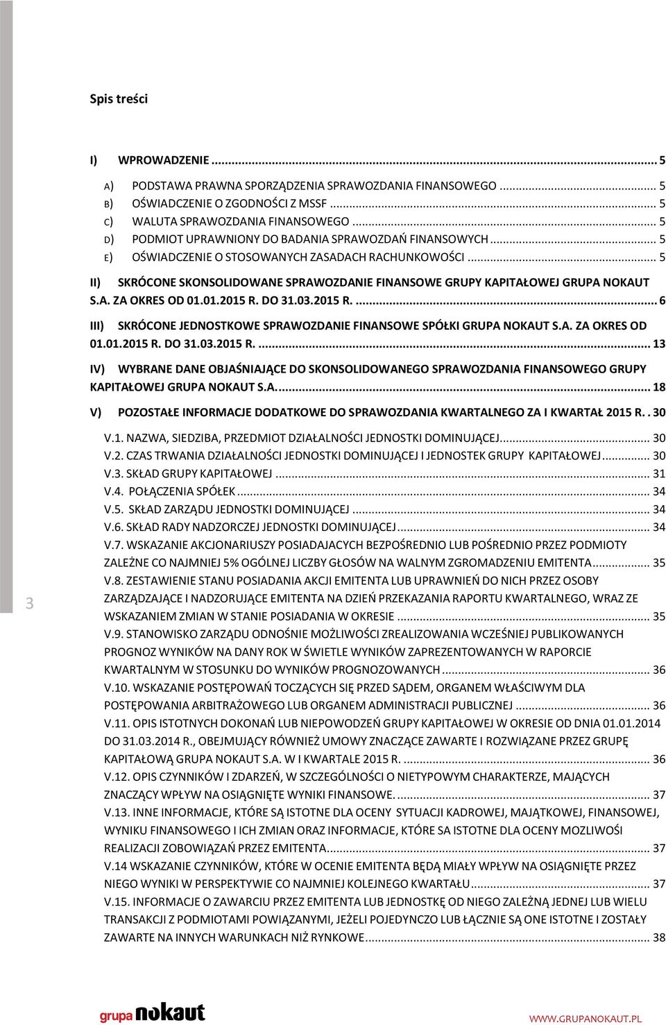 .. 5 II) SKRÓCONE SKONSOLIDOWANE SPRAWOZDANIE FINANSOWE GRUPY KAPITAŁOWEJ GRUPA NOKAUT S.A. ZA OKRES OD 1.1.215 R. DO 31.3.215 R.... 6 III) SKRÓCONE JEDNOSTKOWE SPRAWOZDANIE FINANSOWE SPÓŁKI GRUPA NOKAUT S.