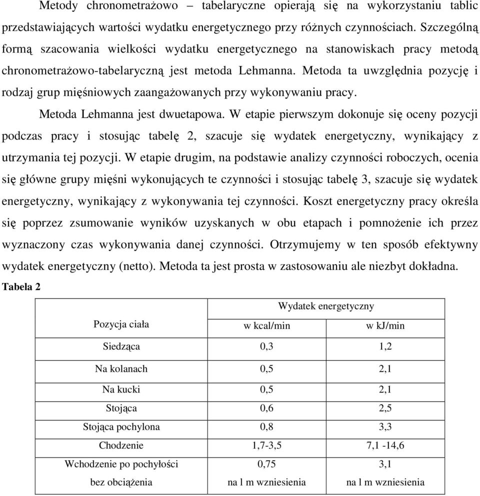 Metoda ta uwzględnia pozycję i rodzaj grup mięśniowych zaangażowanych przy wykonywaniu pracy. Metoda Lehmanna jest dwuetapowa.