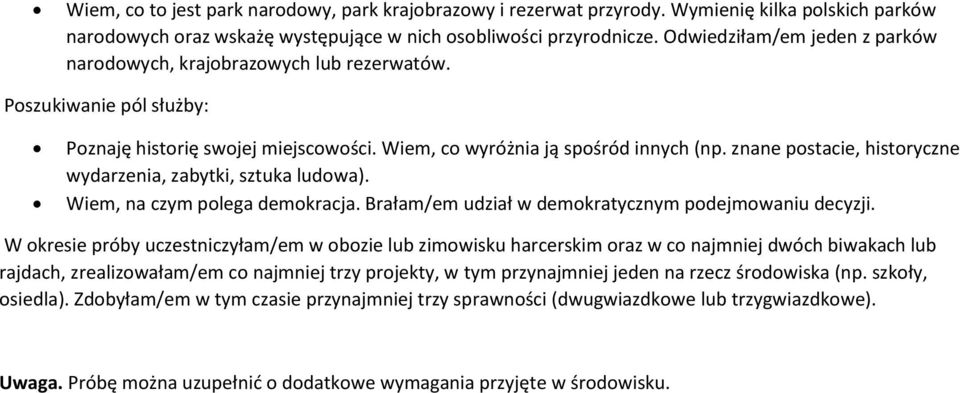 znane postacie, historyczne wydarzenia, zabytki, sztuka ludowa). Wiem, na czym polega demokracja. Brałam/em udział w demokratycznym podejmowaniu decyzji.