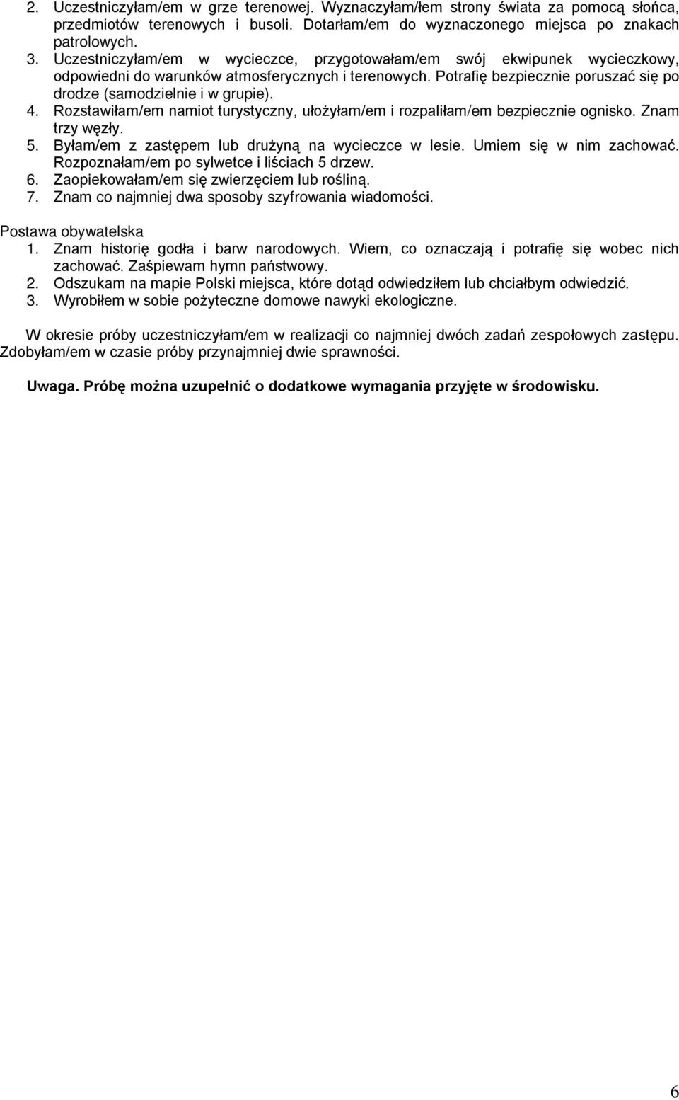 4. Rozstawiłam/em namiot turystyczny, ułożyłam/em i rozpaliłam/em bezpiecznie ognisko. Znam trzy węzły. 5. Byłam/em z zastępem lub drużyną na wycieczce w lesie. Umiem się w nim zachować.