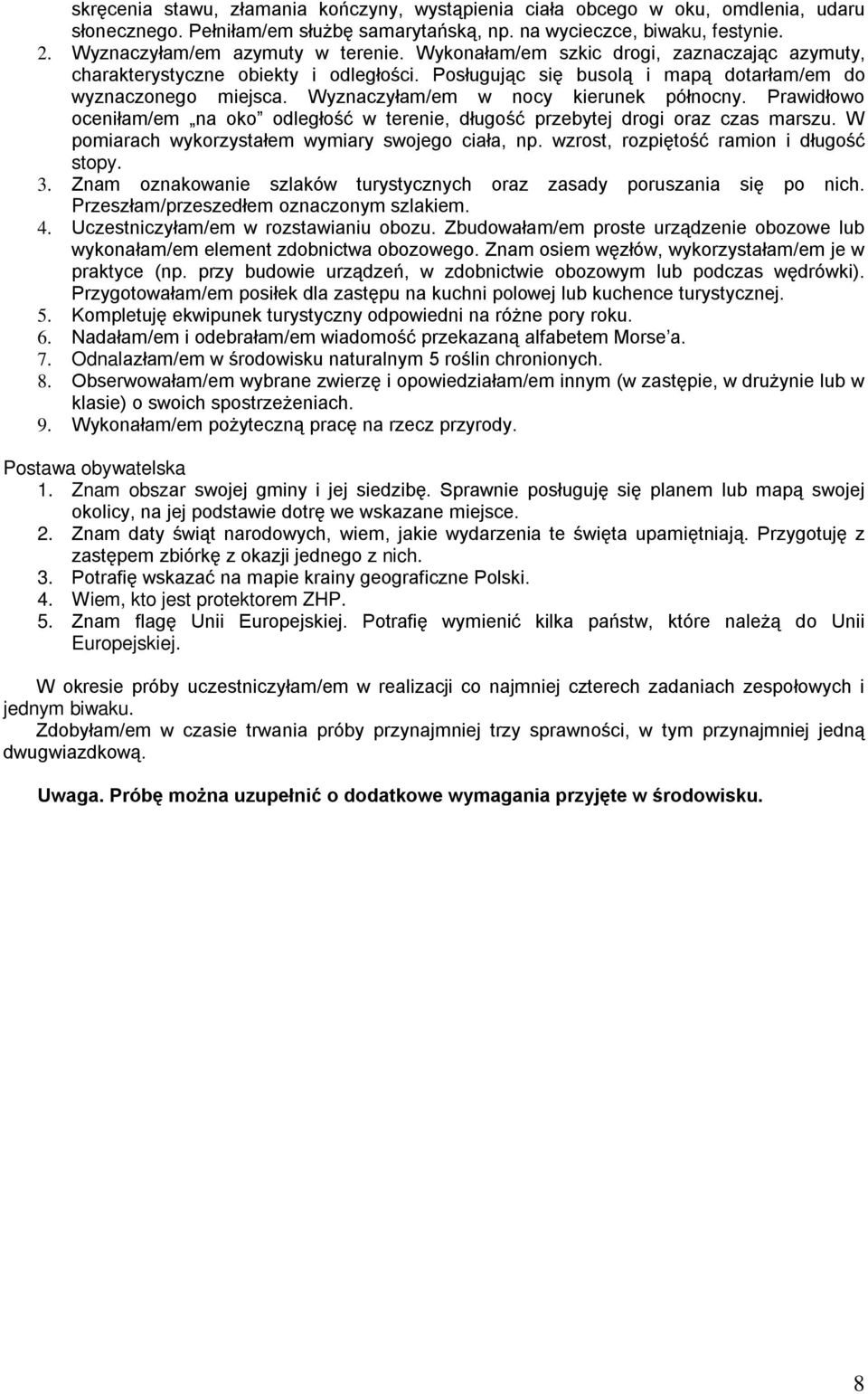 Wyznaczyłam/em w nocy kierunek północny. Prawidłowo oceniłam/em na oko odległość w terenie, długość przebytej drogi oraz czas marszu. W pomiarach wykorzystałem wymiary swojego ciała, np.