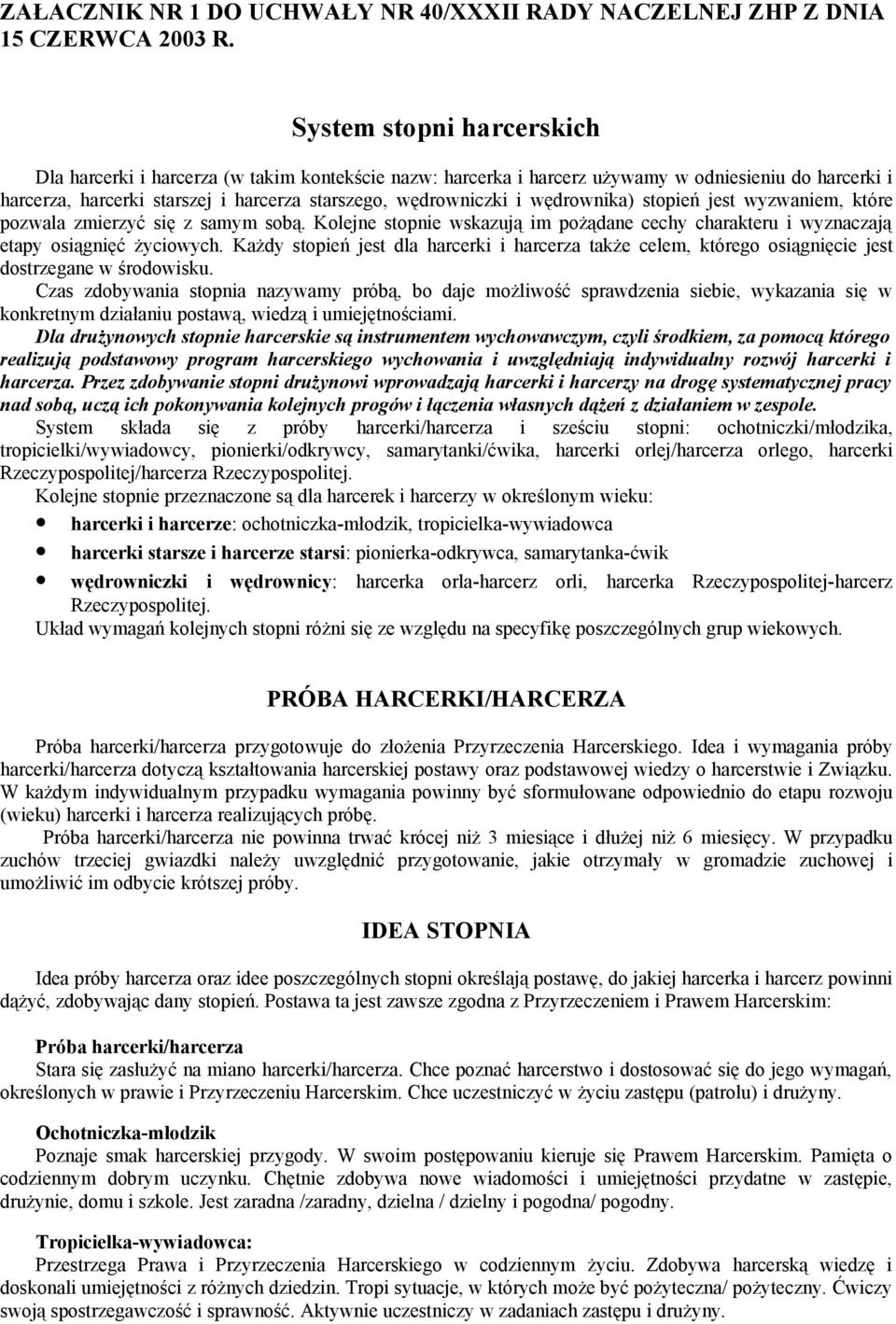 wędrownika) stopień jest wyzwaniem, które pozwala zmierzyć się z samym sobą. Kolejne stopnie wskazują im pożądane cechy charakteru i wyznaczają etapy osiągnięć życiowych.