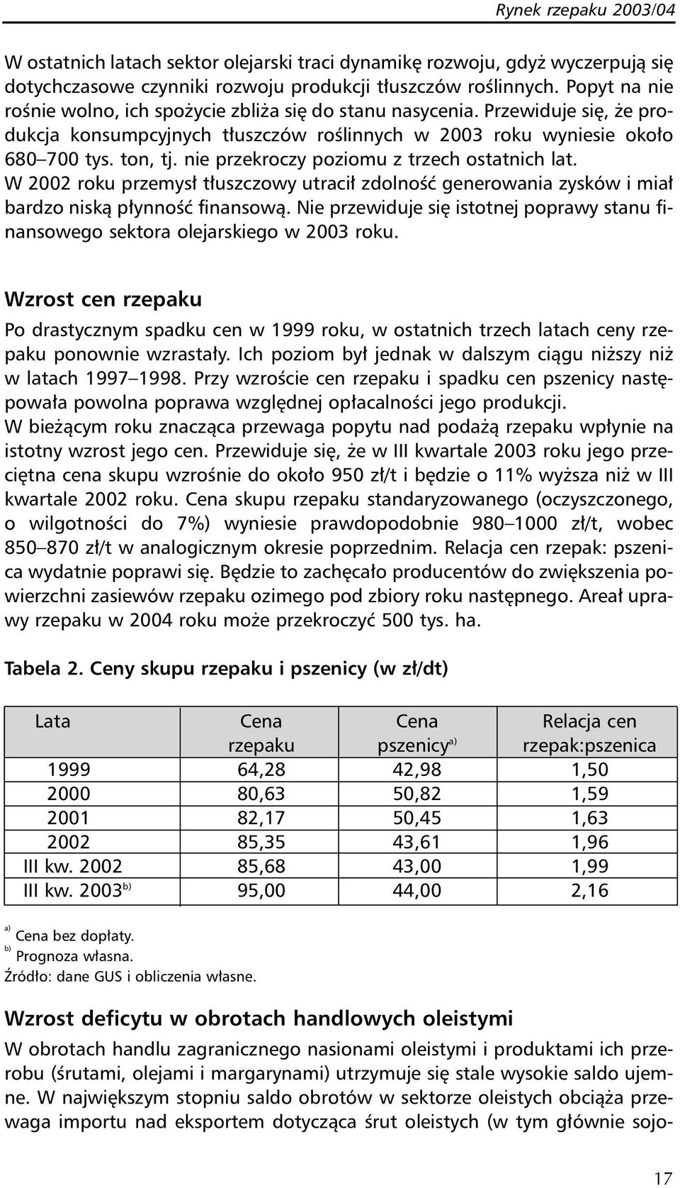 nie przekroczy poziomu z trzech ostatnich lat. W 2002 roku przemysł tłuszczowy utracił zdolność generowania zysków i miał bardzo niską płynność finansową.