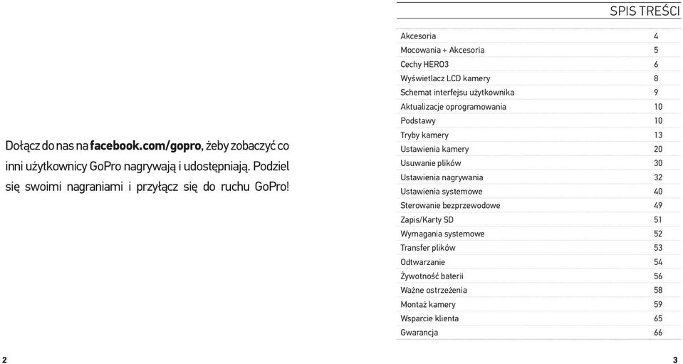 Akcesoria 4 Mocowania + Akcesoria 5 Cechy HERO3 6 Wyświetlacz LCD kamery 8 Schemat interfejsu użytkownika 9 Aktualizacje oprogramowania 10 Podstawy 10 Tryby