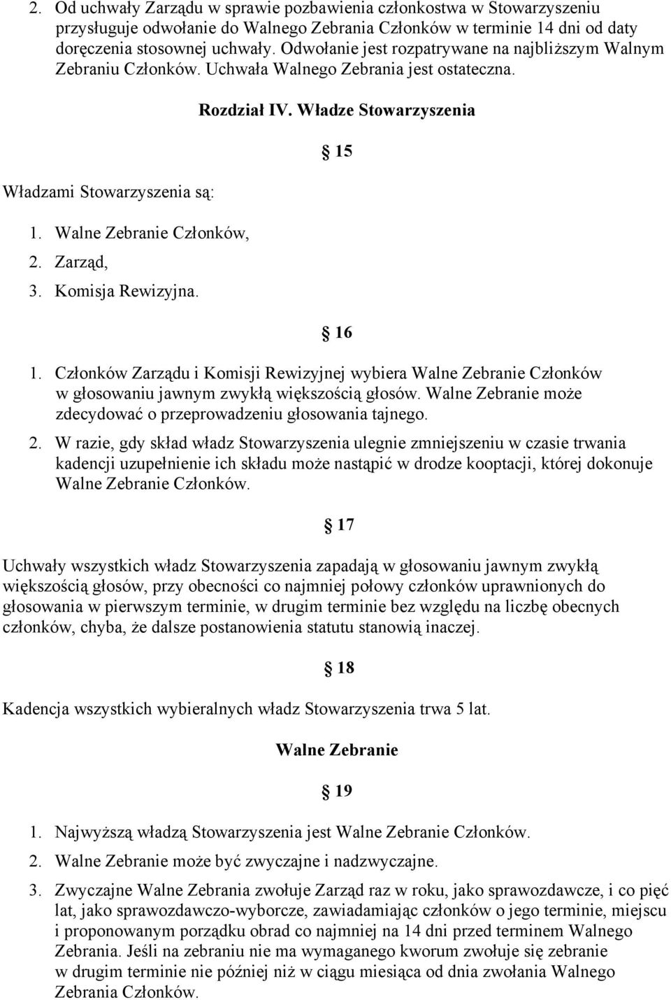 Rozdział IV. Władze Stowarzyszenia 15 16 1. Członków Zarządu i Komisji Rewizyjnej wybiera Walne Zebranie Członków w głosowaniu jawnym zwykłą większością głosów.