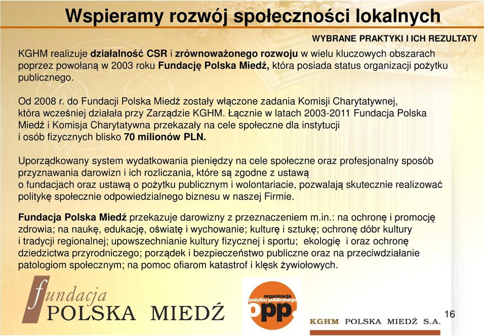 Łącznie w latach 2003-2011 Fundacja Polska Miedź i Komisja Charytatywna przekazały na cele społeczne dla instytucji i osób fizycznych blisko 70 milionów PLN.