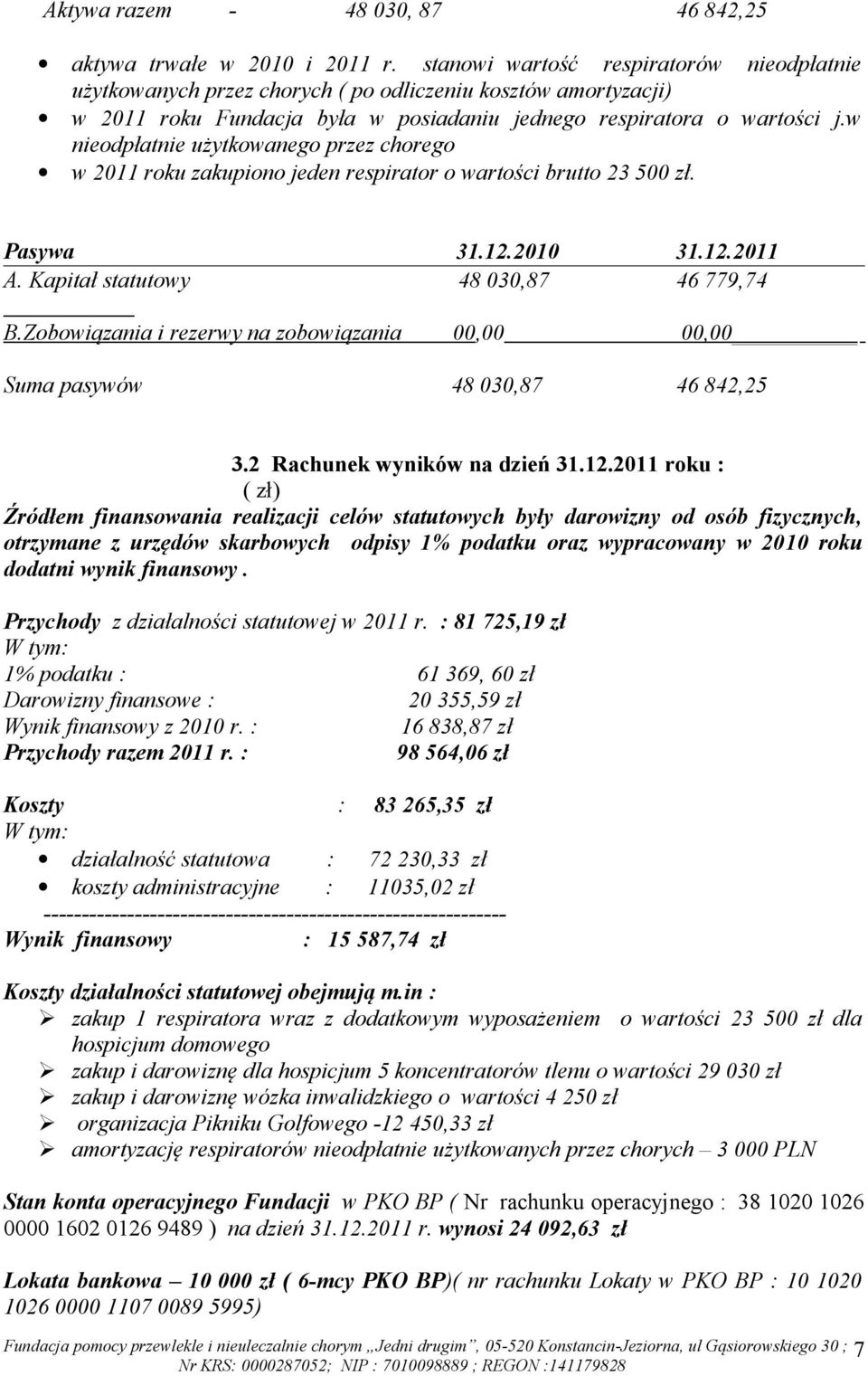 w nieodpłatnie użytkowanego przez chorego w 2011 roku zakupiono jeden respirator o wartości brutto 23 500 zł. Pasywa 31.12.2010 31.12.2011 A. Kapitał statutowy 48 030,87 46 779,74 B.