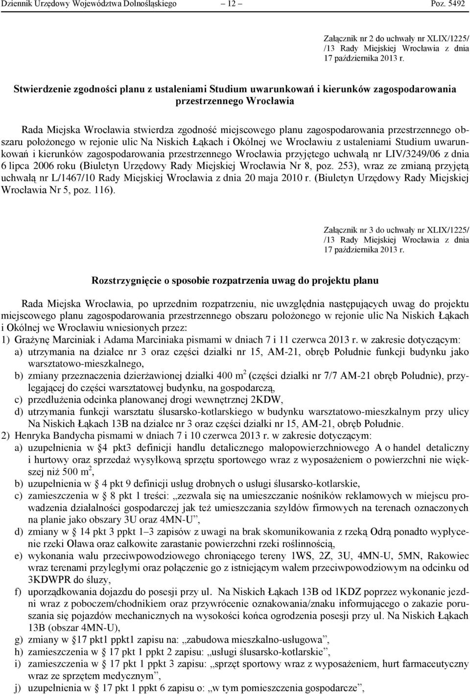 przestrzennego obszaru położonego w rejonie ulic Na Niskich Łąkach i Okólnej we Wrocławiu z ustaleniami Studium uwarunkowań i kierunków zagospodarowania przestrzennego Wrocławia przyjętego uchwałą nr