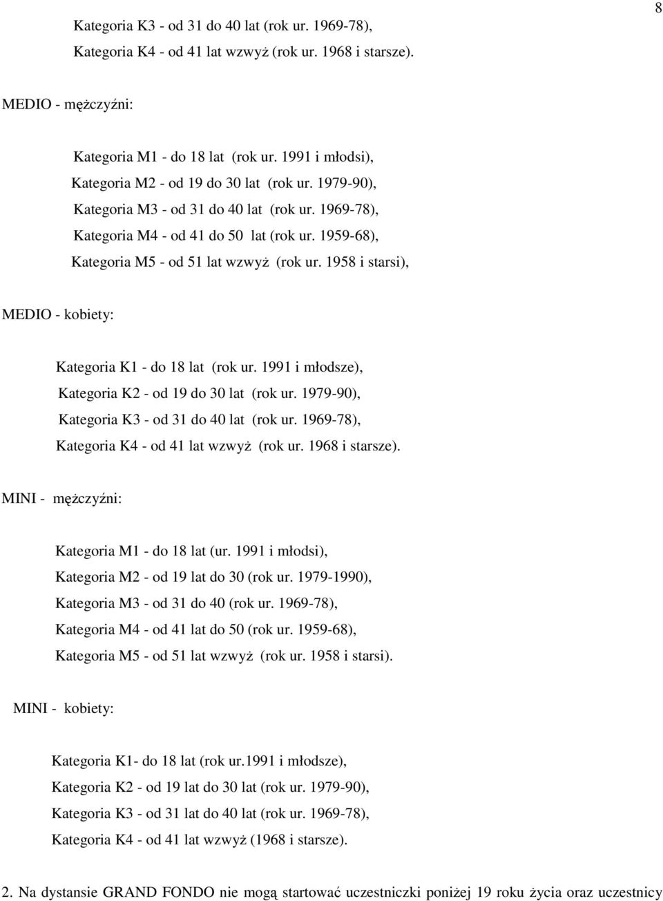 1959-68), Kategoria M5 - od 51 lat wzwyŝ (rok ur. 1958 i starsi), MEDIO - kobiety: Kategoria K1 - do 18 lat (rok ur. 1991 i młodsze), Kategoria K2 - od 19 do 30 lat (rok ur.