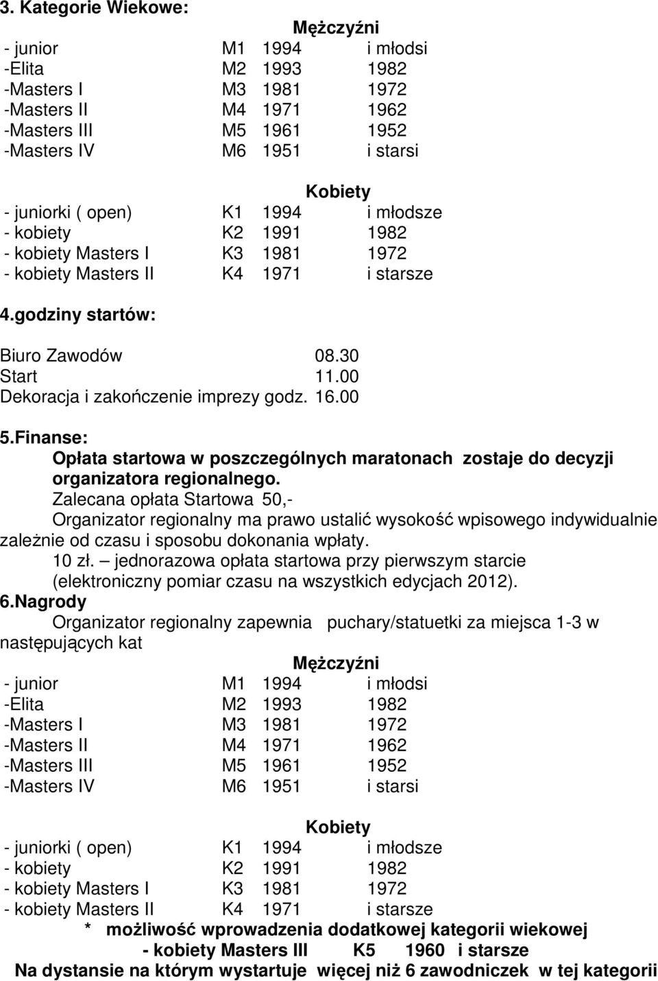 00 Dekoracja i zakończenie imprezy godz. 16.00 5.Finanse: Opłata startowa w poszczególnych maratonach zostaje do decyzji organizatora regionalnego.