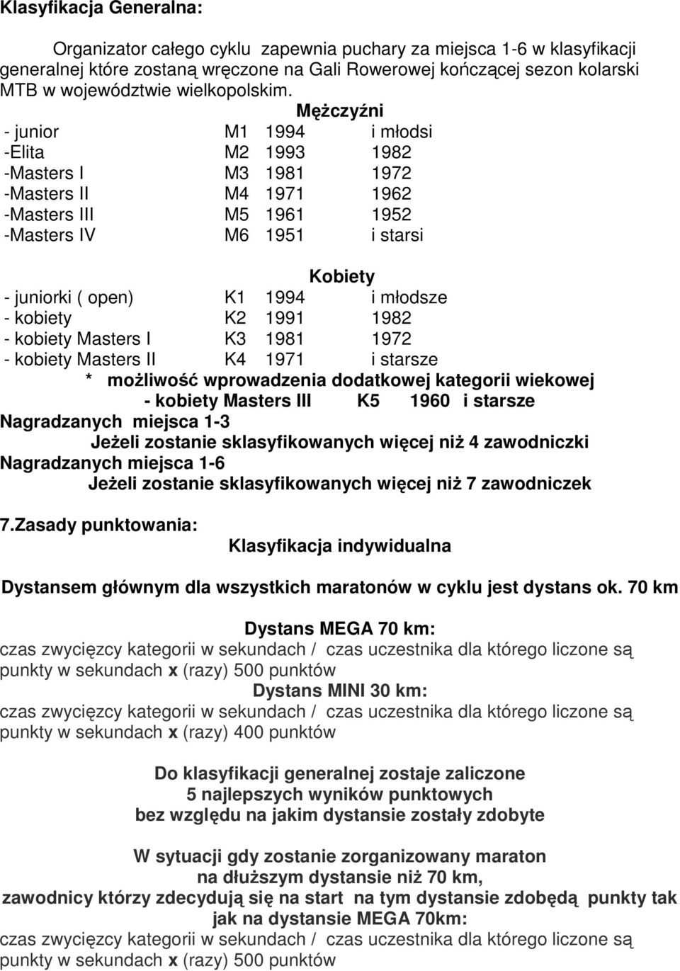 MęŜczyźni - junior M1 1994 i młodsi -Elita M2 1993 1982 -Masters I M3 1981 1972 -Masters II M4 1971 1962 -Masters III M5 1961 1952 -Masters IV M6 1951 i starsi Kobiety - juniorki ( open) K1 1994 i