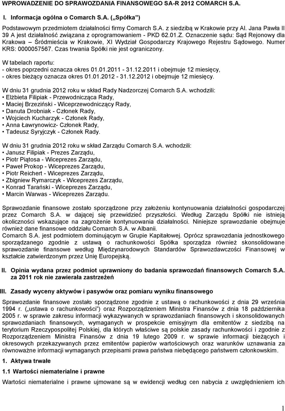 Numer KRS: 0000057567. Czas trwania Spółki nie jest ograniczony. W tabelach raportu: - okres poprzedni oznacza okres 01.01.2011-31.12.2011 i obejmuje 12 miesięcy, - okres bieżący oznacza okres 01.01.2012-31.