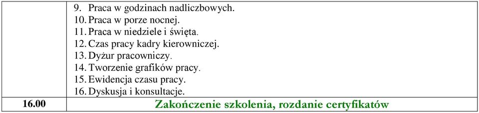 Dyżur pracowniczy. 14. Tworzenie grafików pracy. 15.