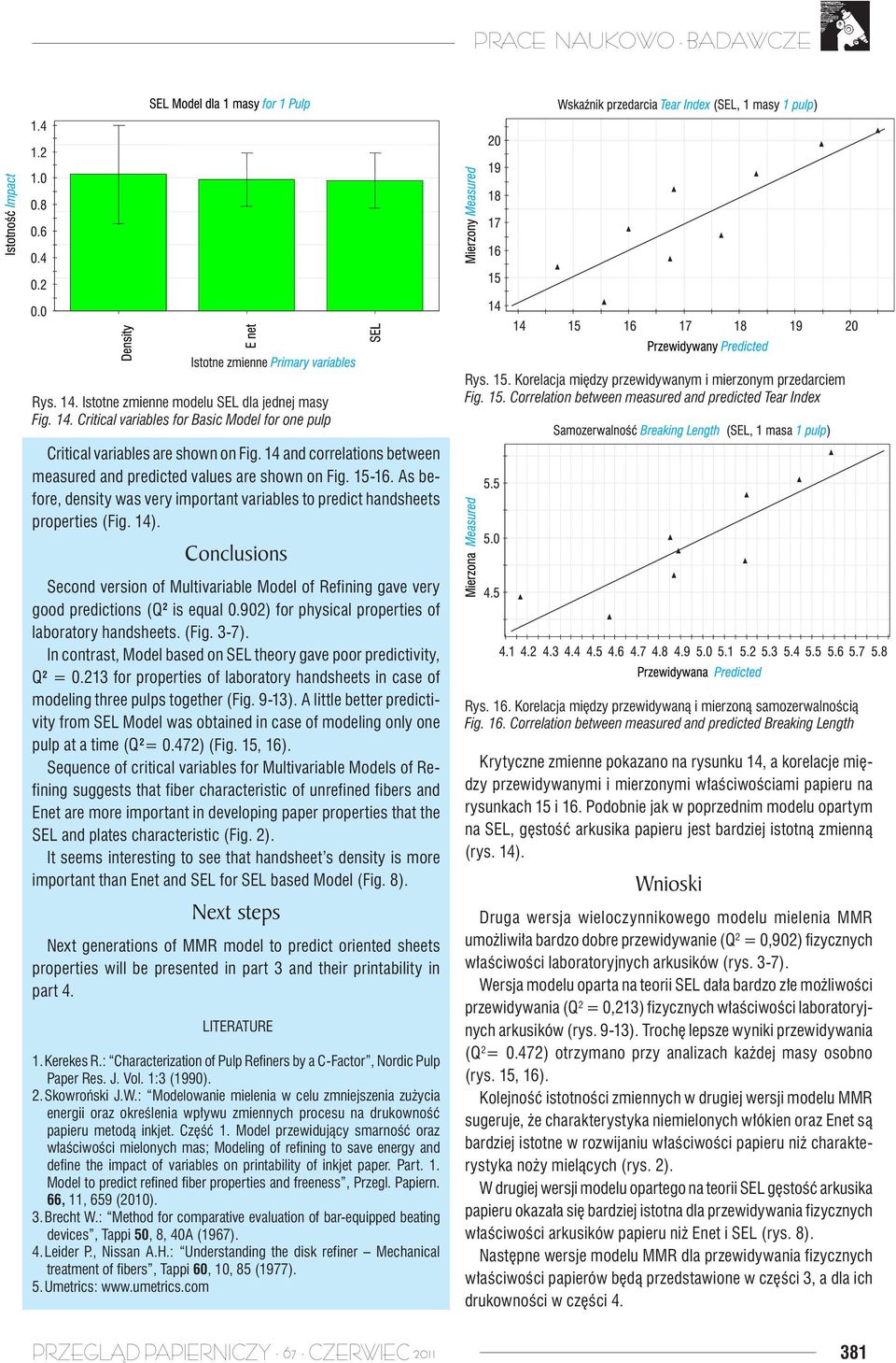 Conclusions Second version of Multivariable Model of Refining gave very good predictions (Q 2 is equal 0.902) for physical properties of laboratory handsheets. (Fig. 3-7).