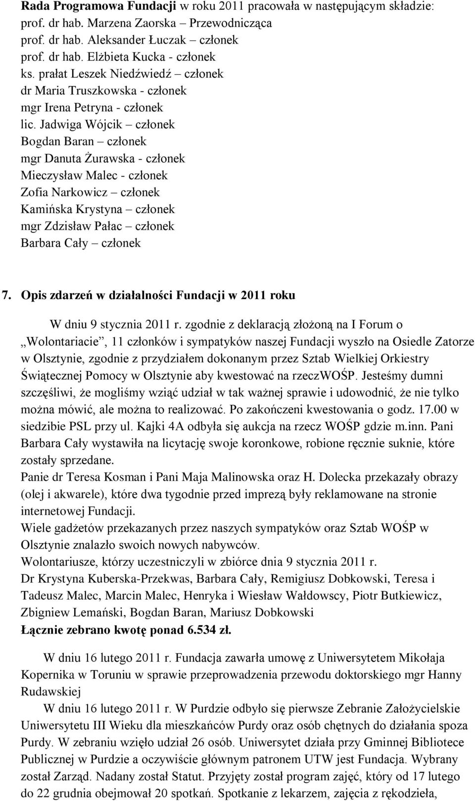 Jadwiga Wójcik członek Bogdan Baran członek mgr Danuta Żurawska - członek Mieczysław Malec - członek Zofia Narkowicz członek Kamińska Krystyna członek mgr Zdzisław Pałac członek Barbara Cały członek