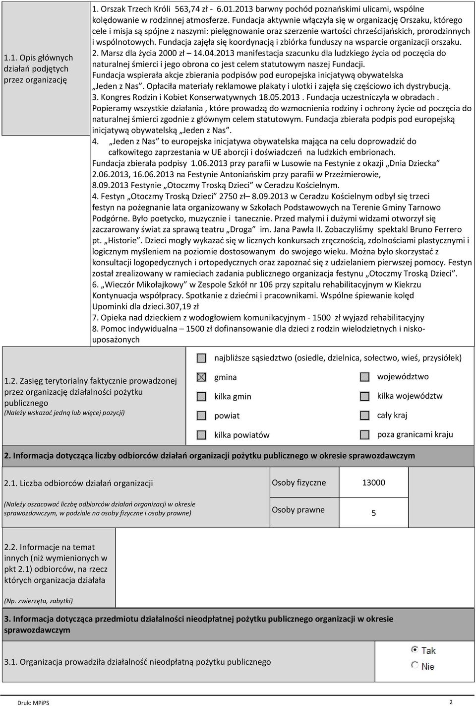 Fundacja zajęła się koordynacją i zbiórka funduszy na wsparcie organizacji orszaku. 2. Marsz dla życia 2000 zł 14.04.