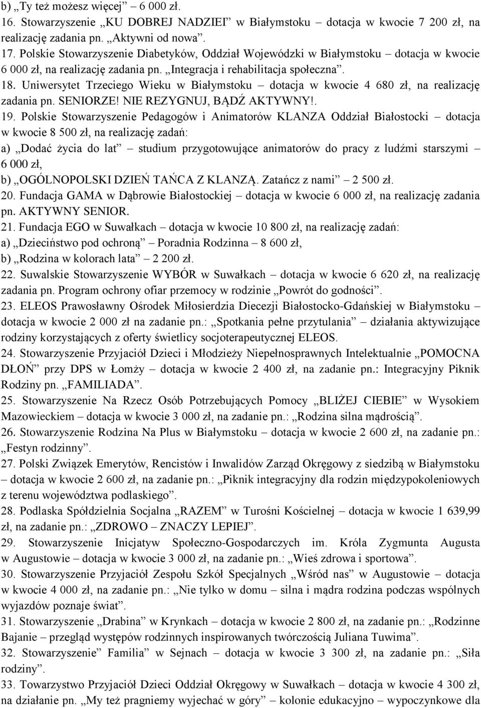 Uniwersytet Trzeciego Wieku w Białymstoku dotacja w kwocie 4 680 zł, na realizację zadania pn. SENIORZE! NIE REZYGNUJ, BĄDŹ AKTYWNY!. 19.