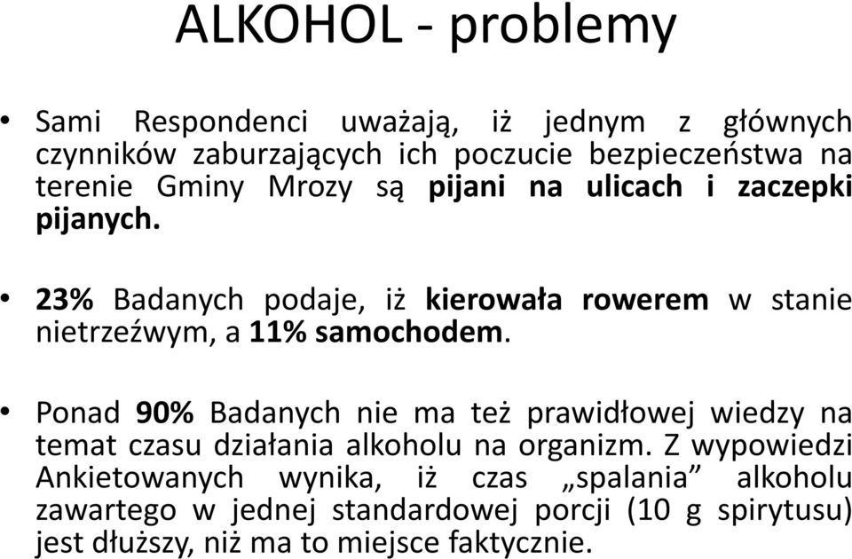 23% Badanych podaje, iż kierowała rowerem w stanie nietrzeźwym, a 11% samochodem.