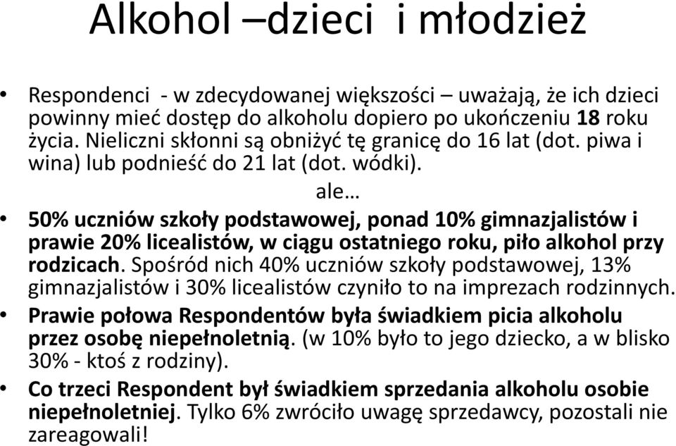 ale 50% uczniów szkoły podstawowej, ponad 10% gimnazjalistów i prawie 20% licealistów, w ciągu ostatniego roku, piło alkohol przy rodzicach.