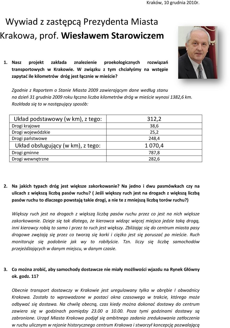 Zgodnie z Raportem o Stanie Miasta 2009 zawierającym dane według stanu na dzień 31 grudnia 2009 roku łączna liczba kilometrów dróg w mieście wynosi 1382,6 km.