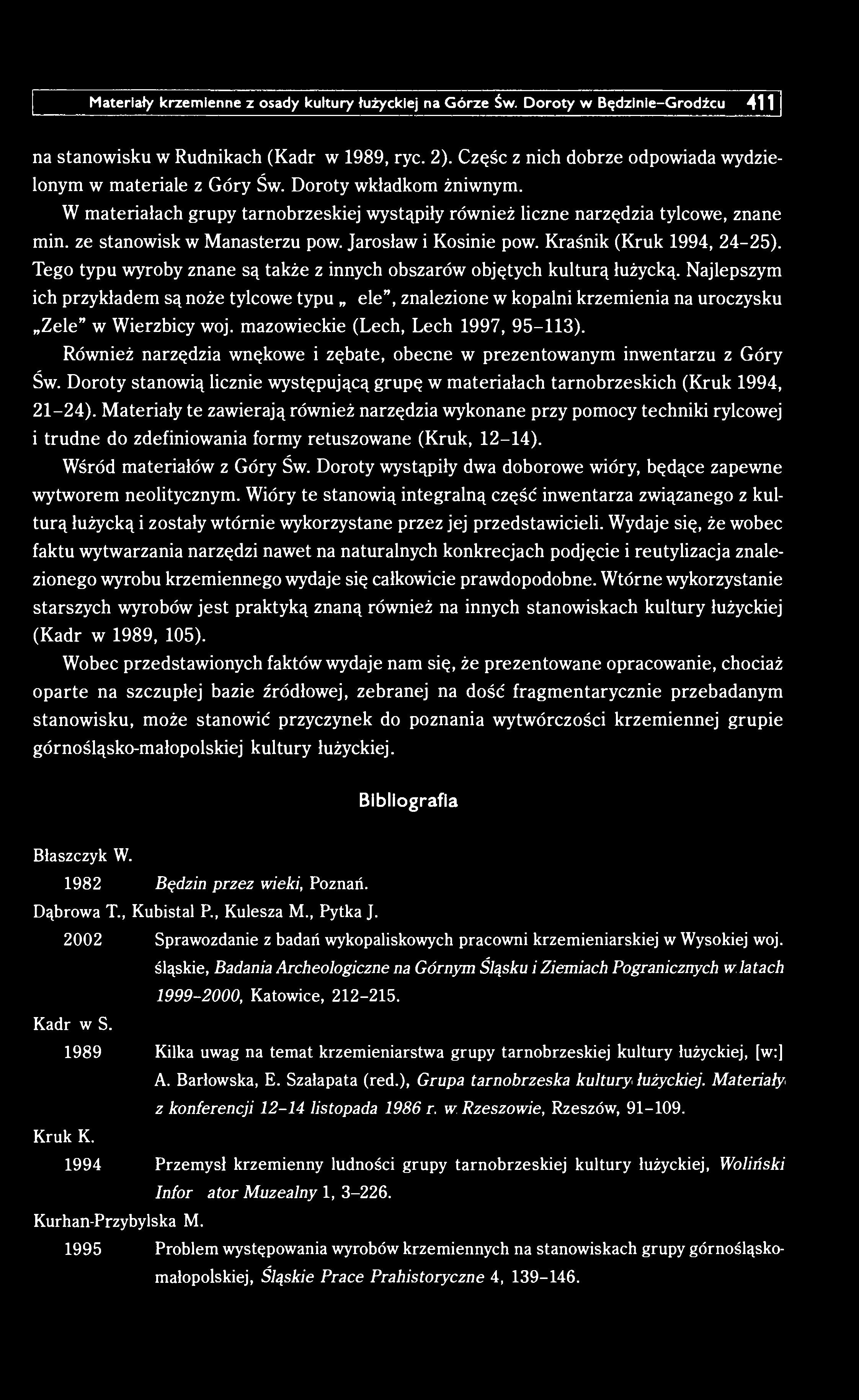 Materiały krzemienne z osady kultury łużyckiej na Górze Św. Doroty w Będzinie-Grodźcu 411 na stanowisku w Rudnikach (Kadrow 1989, ryc. 2).