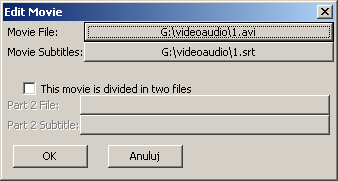 W polu Movie File i Movie Subtitles powiny być podane ścieżki do video i napisów. Jeżeli pola są puste wskazujemy ręcznie miejsce położenia plików.