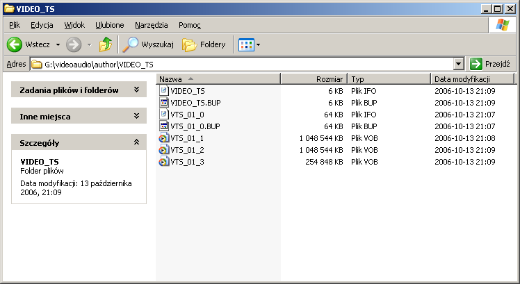 W katalogu Video_TS powinny się znajdować gotowe pliki do nagrania na płytę DVD. Zanim to zrobimy sprawdźmy jak wygląda nasz materiał.