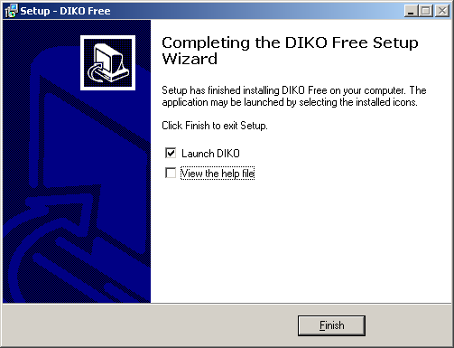 Po zakończeniu instalacji możemy uruchomić program (Launch DIKO) oraz dodatkowo zapoznać się z plikiem pomocy (View the help file).
