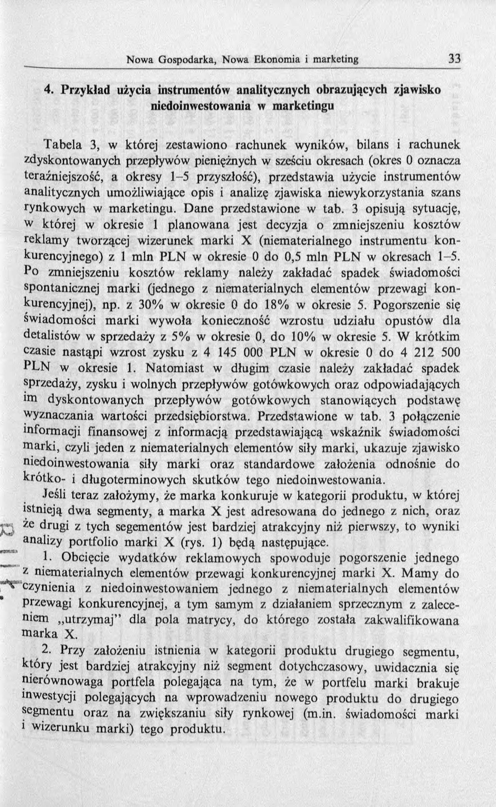 4. Przykład użycia instrumentów analitycznych obrazujących zjawisko niedoinwestowania w marketingu Tabela 3, w której zestawiono rachunek wyników, bilans i rachunek zdyskontowanych przepływów