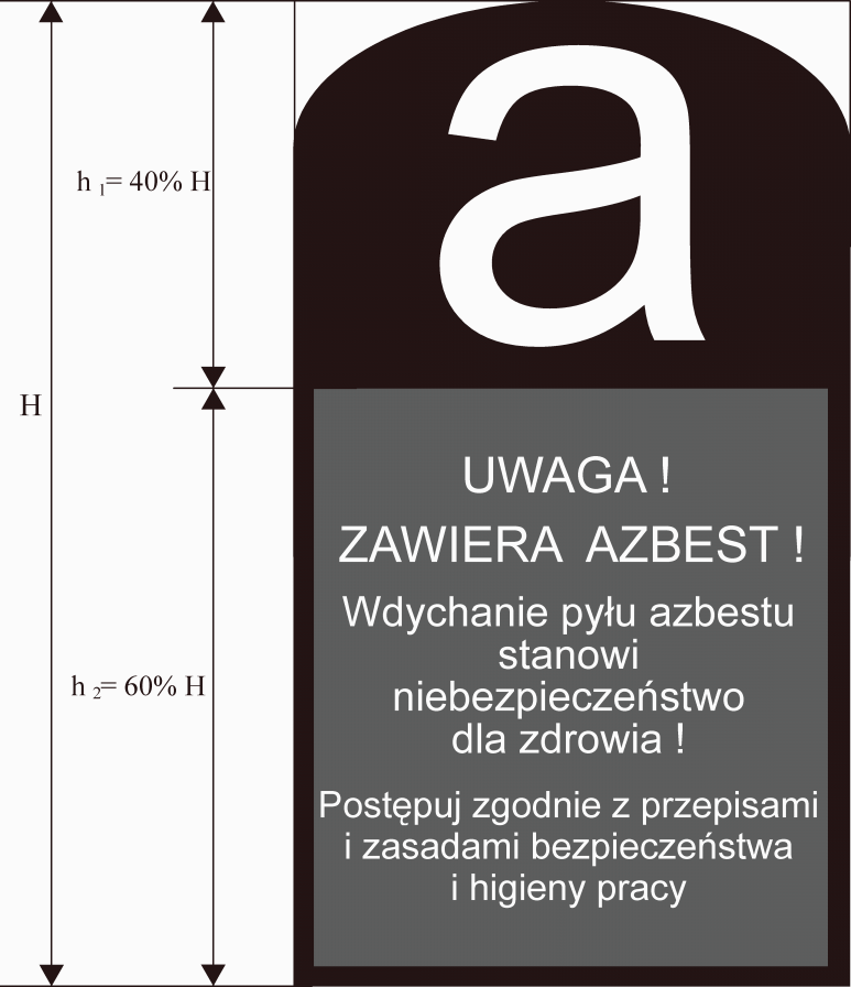 Rys. 3. Wzór prawidłowego oznakowania wyrobów, odpadów i opakowań zawierających azbest, a także miejsc ich występowania. Ponadto, na mocy Rozporządzenia Ministra Gospodarki z dnia 13 grudnia 2010 r.