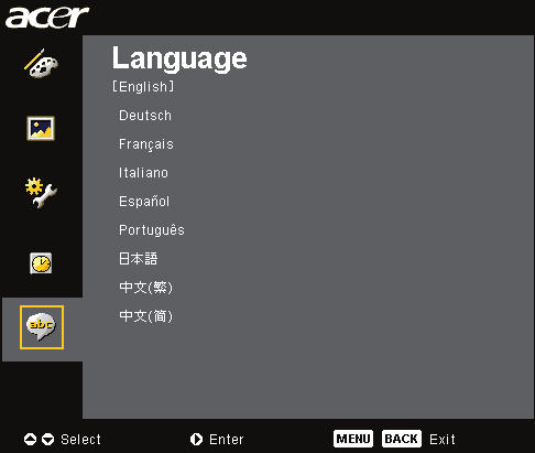Elementy sterowania Language (Język) (tryb Computer/ Video) Language (Język) Wybierz wielojęzykowe