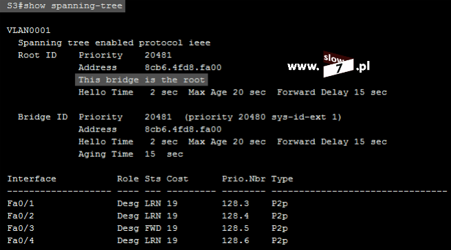 37 (Pobrane z slow7.pl) Sprawdzenie efektów przeprowadzonej konfiguracji przekonuje nas, że przełącznik S3 pełni teraz rolę roota. Jak jest różnica pomiędzy poleceniami?