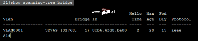 43 (Pobrane z slow7.pl) Komendy: show spanning-tree bridge lub show spanning-tree root są odpowiedzialne za udzielenie informacji na temat przełącznika głównego.